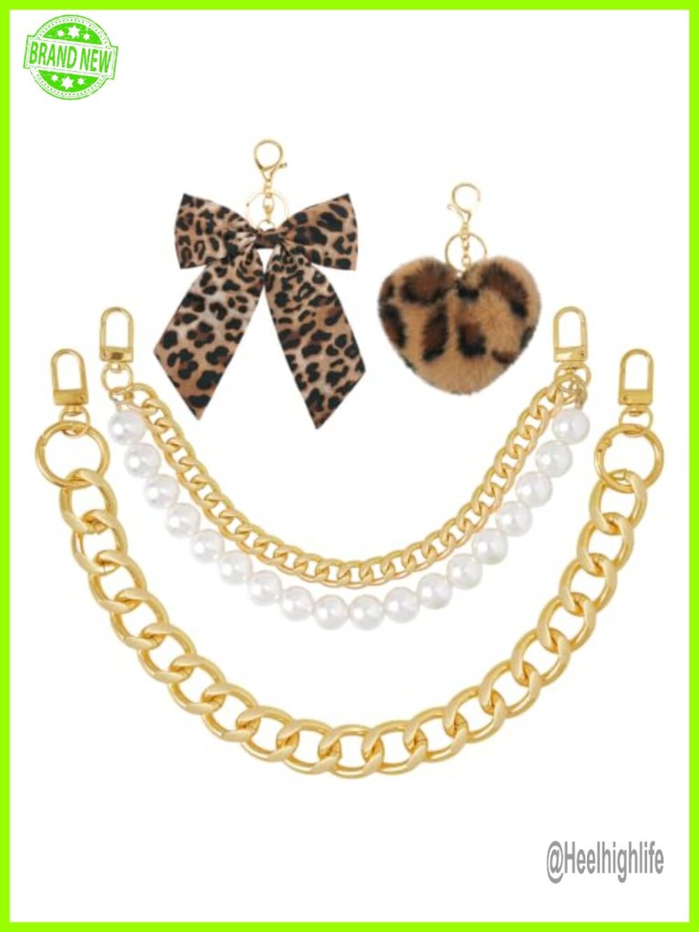 Purse Charm Set with Gold Chain Strap Pearl Keychain Leopard Bow Heart